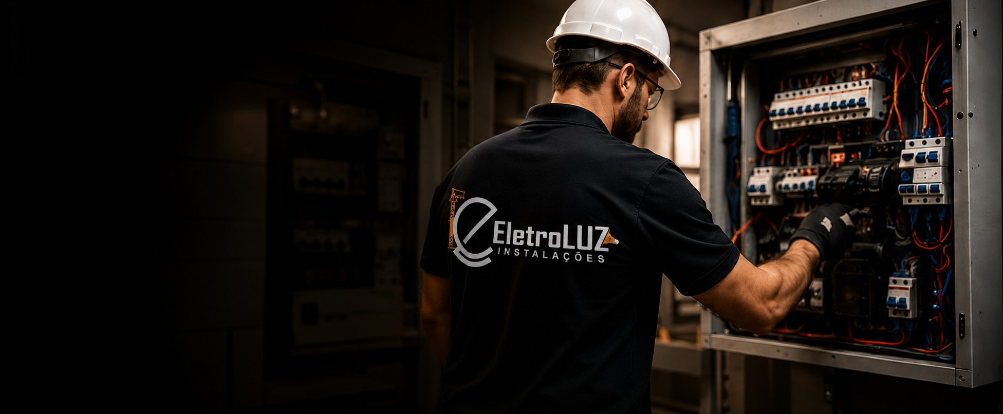 Profissional eletricista realizando manutenção em quadro de distribuição